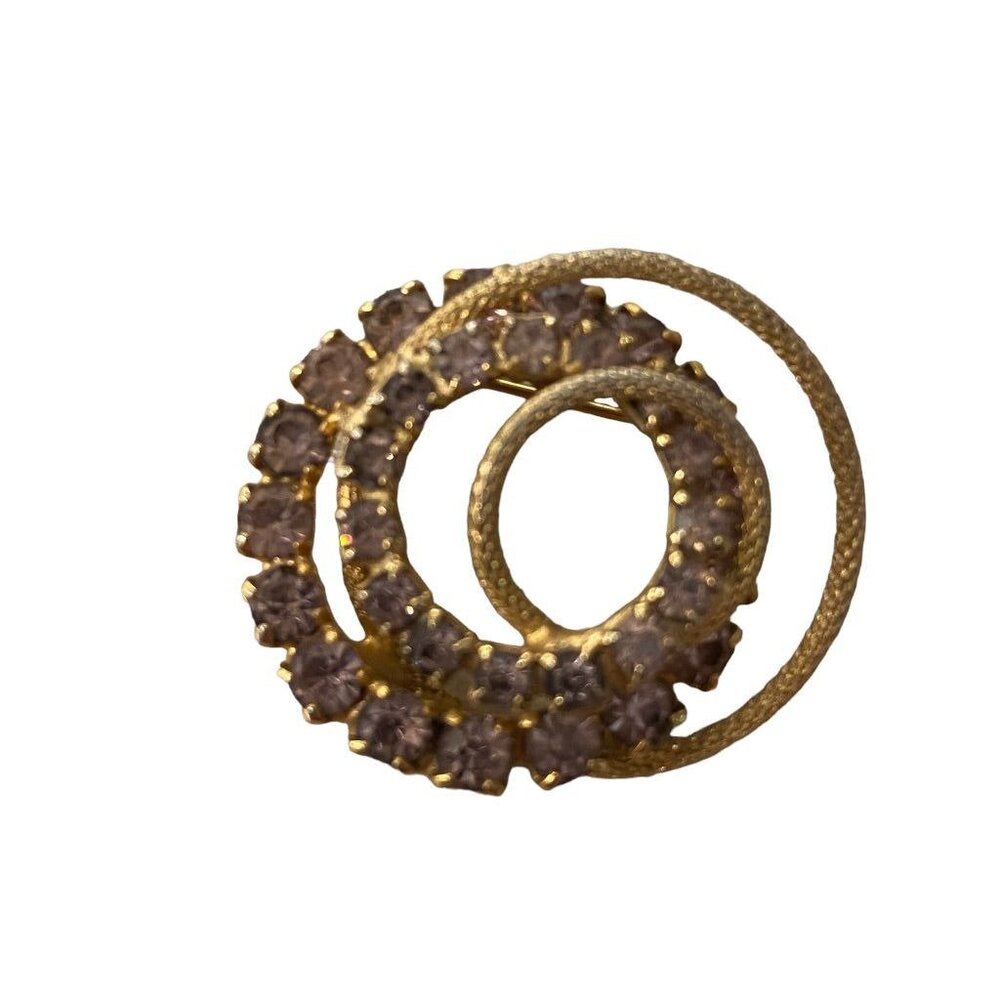 Pink Rhinestone Goldtone Vintage Brooch Pin Circles 1.4" Diameter
